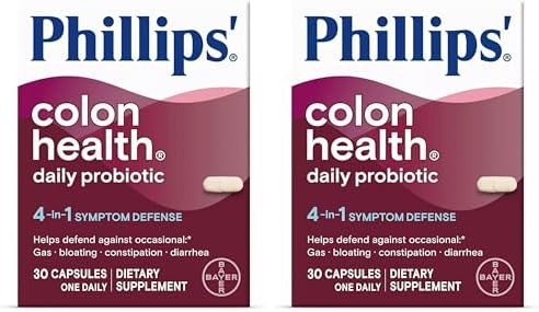 Phillips' Colon Health Daily Probiotic Capsules, 4-in-1 Symptom Defense to help defend against Occasional Gas, Bloating, Constipation, and Diarrhea, Daily Supplement, 30 Count
