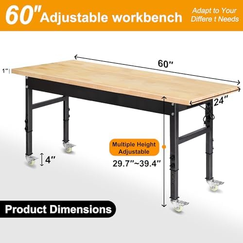 60" Adjustable Work Bench, Rubber Wood Top Workbench | Heavy-Duty Work Table with Power Outlet and Wheels