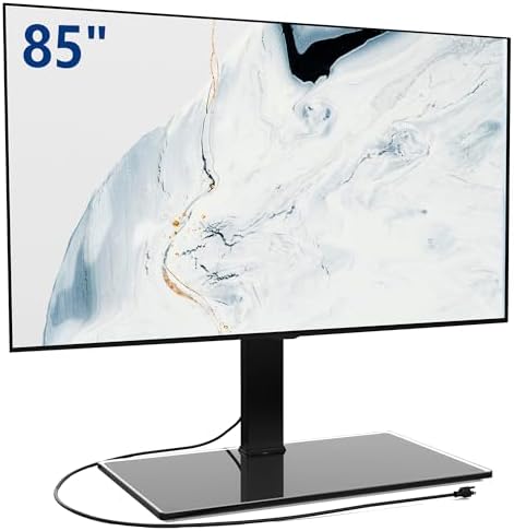 FITUEYES Universal TV Stand with Swivel Mount for 50-85 inch Flat Screens - Height Adjustable Tempered Glass Base Holds up to 143 lbs