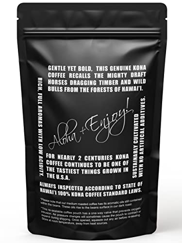 Blue Horse 100% Kona Coffee Whole Bean - 16 oz Medium Roast, Farm Fresh | Certified Organic, Arabica Whole Beans,, Grown In Hawaii USA, Shade Grown, Handpicked, Vacuum Sealed Bag, Caffeinated, Vegan
