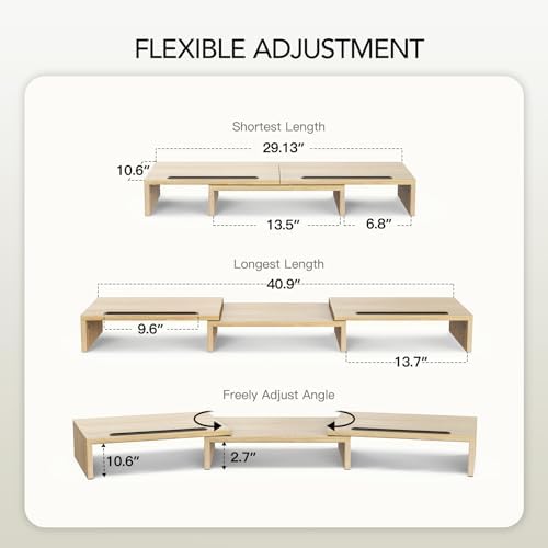 AMERIERGO Dual Monitor Stand Riser- 3 Shelf Screen Stand with Adjustable Length and Angle, 2 Extra Functional Slot Desktop Organizer Stand for PC