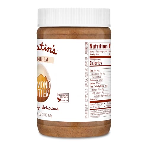 Justin's Vanilla Almond Butter, Gluten-free, Non-GMO, Vegan, Sustainably Sourced, 16 Ounce Jar