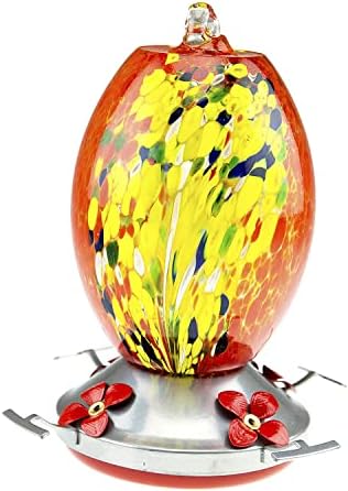CLEVER GARDEN Hummingbird Feeder with Perch | Hand Blown Flat Glass in Red | 27 Fluid Ounces Humming Bird Nectar Capacity with Hanging Metal Wires