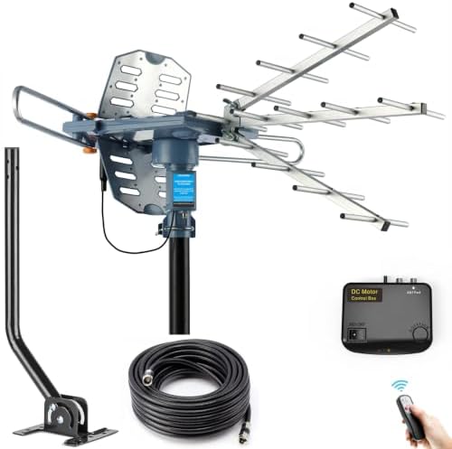 PBD Digital Outdoor TV Antenna, 150 Miles Range, 360° Rotating Directional Motor with Remote Control, Dual TV Support, Mounting Pole, 40FT RG6 Cable