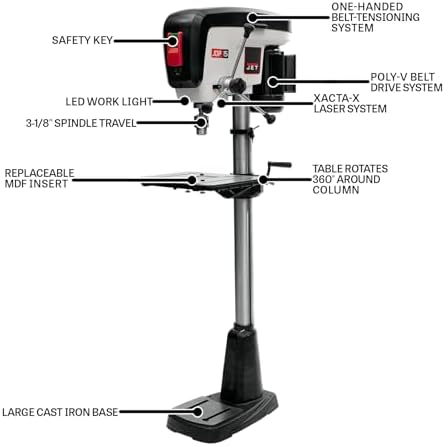 JET 15-Inch Floor Drill Press, 16 Speed, 3/4 HP, 115V 1Ph (Model JDP-15F)