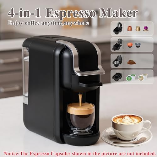 4-in-1 Pods Coffee Maker 19Bar, Compact Design Fast Brew Hot/Cold Espresso Machine for K Cup Pods,Nes Original/DG Capsule and Ground Coffee at Home or Office (White)
