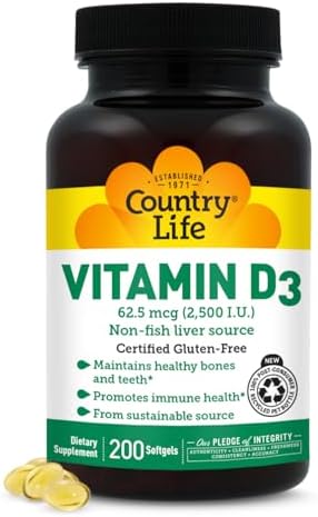 Country Life Vitamin D3 2500 IU, Non-Fish Source, 200 Softgels | Supports calcium absorption and helps maintain healthy bones