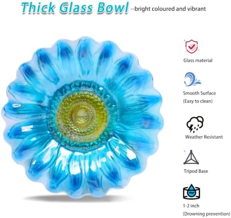 MUMTOP Bird Bath Outdoor, Glass Birdbath Bowl with Stake Garde Decor, Blue