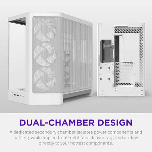 NZXT H6 - Compact Dual-Chamber ATX PC Case - White | Dual-chamber ATX case supporting up to 10 120mm fans and 360mm radiators, with back-connect motherboard compatibility.