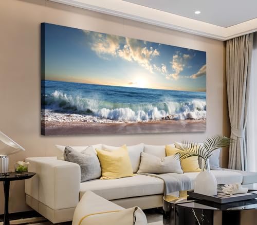 arteWOODS Ocean Wave Canvas Wall Art Beach Sunset Pictures Coastal Nature Artwork Blue Sea Painting Prints for Living Room Bedroom Home Office Decoration 20" x 40"