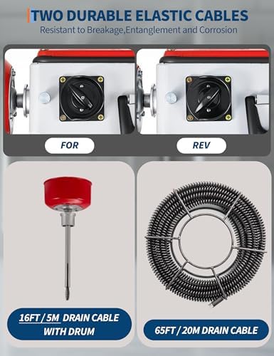 Electric Drain Cleaner Machine, Portable 66Ft & 16Ft Sewer Snake Auger with 6 Cutters, Professional Drain Cleaning Tool for 1-4 Inch Pipes in Sinks