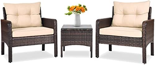 Tangkula 3 Piece Outdoor Patio Furniture Set, Wicker Chairs Set with Glass Top Coffee Table, Thick Cushions