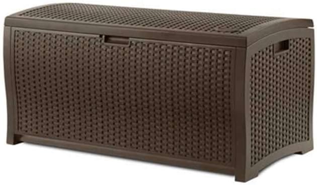 Suncast Outdoor Storage Box - 73 Gallon Mocha Brown Deck Box for Patio, weather-resistant Outdoor Storage Bench, Resin Wicker Style, Heavy-Duty, Lockable Lid for Cushions, Shoes, Pool & Garden Gear