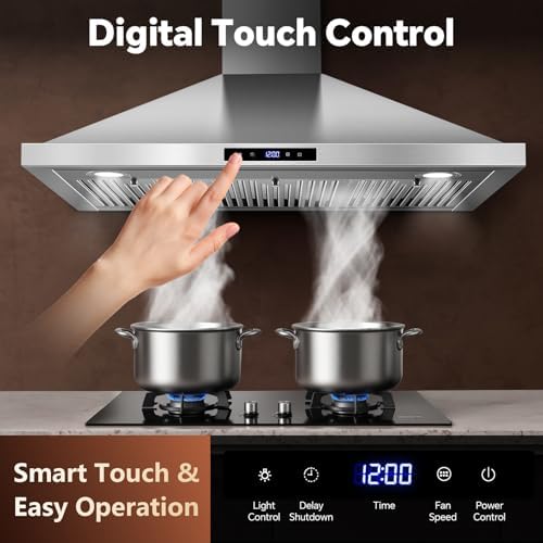 Tieasy Wall Mount Range Hood 30 inch Kitchen Hood 700 CFM with Ducted/Ductless Convertible Duct, Touch Control, Permanent Filters, Stainless Steel