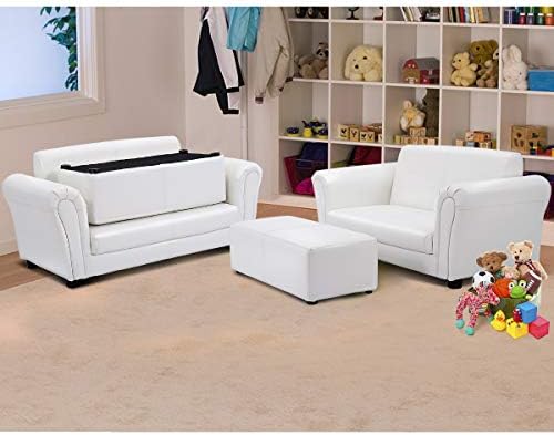 Costzon Kids Couch with Footstool, 2 in 1 Double Seat Children's Sofa w/PU Leather Surface, Armrest Chair Lounge, Soft Kids Sofa for Preschool Bedroom Kids Room Toddlers Boys Girls Birthday (Black)