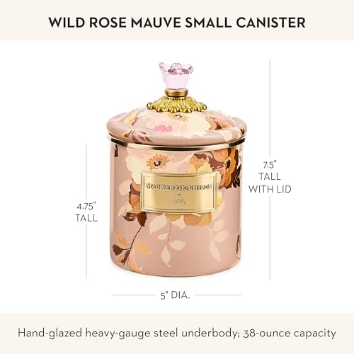 MACKENZIE-CHILDS Enamel Canister, Small, Wild Rose Brown | Hand-applied design, made from enameled steel, versatile kitchen storage container for flour and sugar, 38-ounce capacity