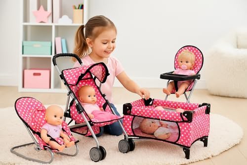fash n kolor 4 Piece Baby Doll Play Set Flower Design Includes - Foldable Pack N Play, Baby Doll Stroller, Baby Doll High Chair, Infant Seat, Fits Up to 18'' Doll 4 Piece Doll Accessories Set