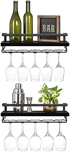 Mkono Wall Mounted Wine Rack Set of 2 Wood Rustic Wine Bottle Glass Floating Shelves with Stemware Hanger Modern Plants Photos Wine Display Storage
