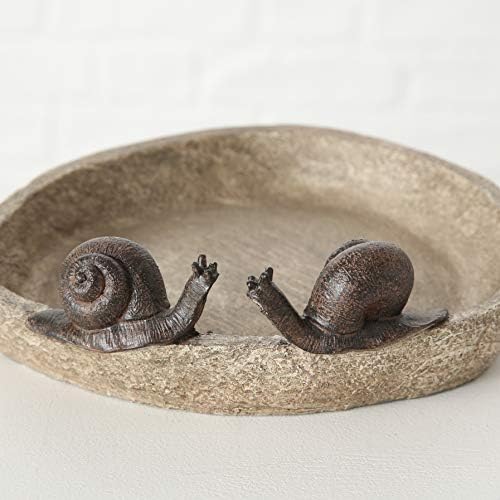 Bird Bath with 2 Snails, Off White Stone Finished Basin and Brown, All Weather Poly Resin, 8 1/4 inches Diameter (21cm)