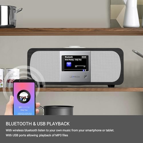 LEMEGA M3+ Internet Radio, Podcasts,Spotify, Bluetooth, FM Stereo, Walnut | Full colour display, 40 presets, remote control, acoustic wooden cabinet, headphone jack, USB, AUX-in, dual alarms clock