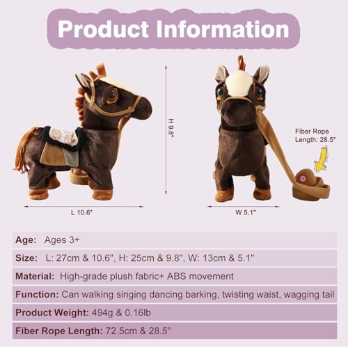 Marsjoy Walking Pony Toy Musical Singing Dancing Plush Interactive Pony Walk Along Horse with Leash Plush Stuffed Animal Shaking Head Buttocks Toy