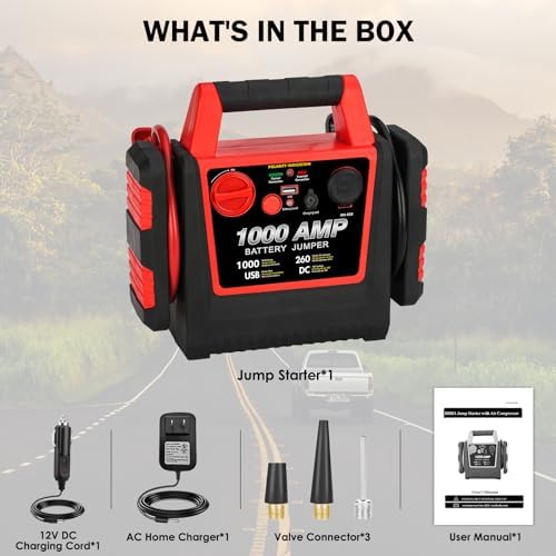Car Battery Jump Starter-1000Amp 12V Lead-Acid Battery Jump Box with 260PSI Air Compressor, 10000 mAh Portable Power Station
