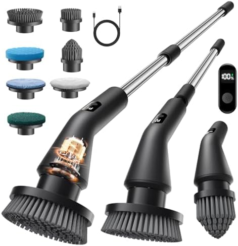Electric Spin Scrubber, Upgraded IPX7 Cordless Cleaning Brush for Bathroom Shower, Household Cleaning Scrubber with 7 Brush Heads