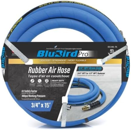 BLUBIRD BB3450 3/4" x 50' Rubber Air Hose, 100% Rubber, Lightest, Strongest, Most Flexible, 300 PSI, 50F to 190F Degrees, Ozone Resistant, High Strength Polyester Braided | Heavy Duty Reinforced Air Hose With 300 PSI Rating, Flexible Design, Kink Resista…