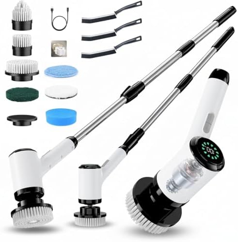 Electric Spin Scrubber, Cordless Power Cleaning Brush with 8 Replaceable Heads, 2 Adjustable Speeds, LED Display & Long Handle
