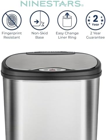 Ninestars 13 Gallon Oval Automatic Trash Can, 50L Touchless Motion Sensor Kitchen Garbage Can with Odor-Sealing Lid, Silver Stainless Steel