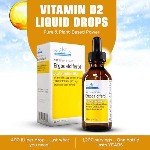 Nivagen Vitamin D2 Liquid Drops 8, 000 USP (Ergocalciferol) | 400 IU per Serving | 2 Drops Once Daily | 1, 200 Servings