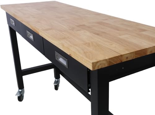 Work Bench, Workbench with Drawer Storage, Heavy Duty Bamboo Wood Work Table with Wheels for Garage Home Office (48 Inch)