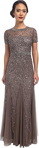 Adrianna Papell Womens Short-Sleeve Grid Beaded Gown