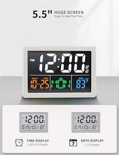 JALL Digital Clock with Date Day for Seniors, Electric Alarm Clocks for Bedrooms with Temperature, 2 Alarms, Dimmer, Dual USB Charger, Battery Backup