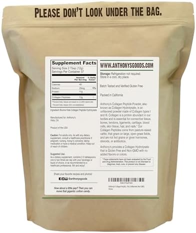 Anthony's Collagen Peptide Powder, 1 lb, Pure Hydrolyzed, Gluten Free, Keto and Paleo Friendly, Grass Fed, Unflavored, Non GMO