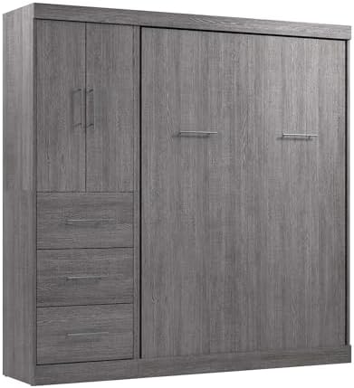 Bestar Nebula Full Murphy Bed with Wardrobe (84W) in Bark Gray, Sleeping Arrangement and Closet Organizer for Multipurpose Room | Wardrobe