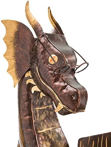 Wind & Weather Enchanting Handcrafted Metal Reading Dragon Sculpture | Reclaimed Metal | Detailed Design | Indoor/Outdoor Decor | 26.5" W x 34" H x