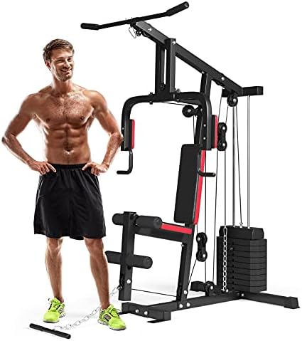 GYMAX Home Gym, Multifunctional Workout Equipment with Leg Extension, Pulley System & 100lbs Weight Stack, Full Body Strength Training Machine