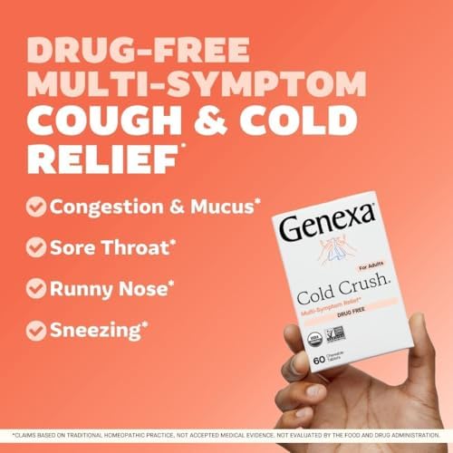 Genexa Cold Crush, Drug Free & Made Clean, 60 Chewable Tablets for Adults | Dye Free, 0% Artificial Additives, Non-GMO, Gluten Free, Homeopathic Cough, Cold, Sore Throat Relief, Acai Berry Flavor