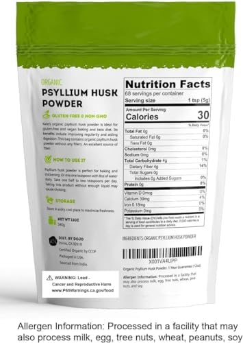 Kate Naturals Psyllium Husk Powder for Fiber and Baking Bread, 12oz | Organic, Gluten Free, Fine Ground, For Digestion, Mixes Easily with Juice & Smoothies