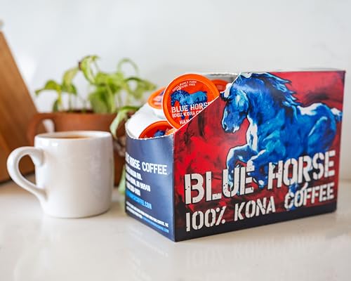 Blue Horse 100% Kona Coffee Pods, Medium Roast, 10ct Single Serve, Compatible with K Cups 2.0, Farm Fresh, Authentic Arabica Beans from Hawaii’s Big Island with a Smooth, Rich Flavor