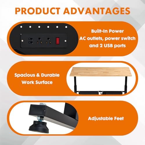 48" Adjustable Workbench, Work Table with Wheels and Power Outlet | 2000LBS Load Capacity Rubber Wood Top Workstation, Heavy-Duty Craft Table for Garage Workshop