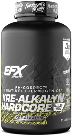 EFX Sports Kre-Alkalyn Hardcore | Thermogenic pH Correct Creatine Monohydrate Pill Supplement | Energy & Strength Pre Workout | 40 Servings, 120 Capsules