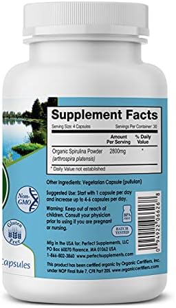 Perfect Supplements – Perfect Spirulina – 120 Vegetable Capsules – Organic Spirulina Supplement - Whole Food Micro Algae - Immune System Support