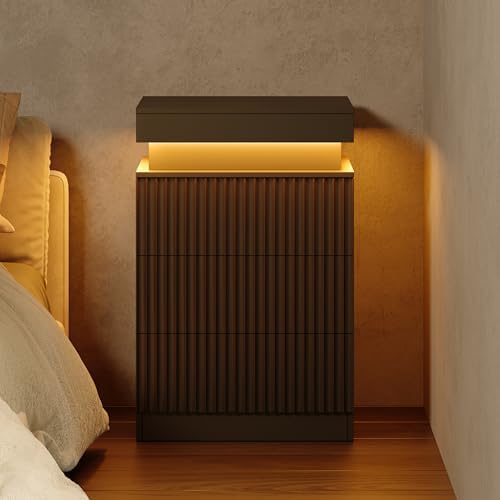 Fluted Nightstand with Charging Station and LED Light, Bedside Table with Sliding Top, USB Ports and AC Outlets, 3 Drawer Storage Cabinet