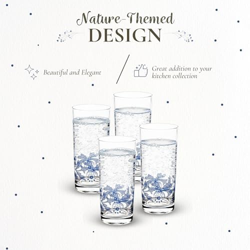 Spode Blue Italian Highball Glasses, 15 Oz - Blue & White, Set of 4 | Blue Italian Collection, Tall Tumbler for Serving Mojitos, Cocktails, Spritzers & Fruit-Infused Beverages, Glass Construction