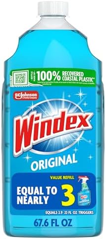Windex refill glass and window cleaner, made from 100% recycled plastic, surface cleaning spray, original blue scent, 2L (67.6 fl oz)