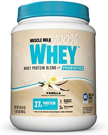 Muscle Milk 100% Whey Protein Powder, Vanilla, 5 Pound, 68 Servings, 25g Protein, 2g Sugar, Low in Fat, NSF Certified for Sport, Energizing Snack, Workout Recovery, Packaging May Vary