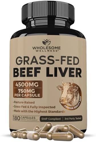 Wholesome Wellness Grass Fed Desiccated Beef Liver Capsules (180 Pills, 750mg Each) - Natural Iron, Vitamin A