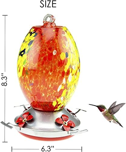 CLEVER GARDEN Hummingbird Feeder with Perch | Hand Blown Flat Glass in Red | 27 Fluid Ounces Humming Bird Nectar Capacity with Hanging Metal Wires